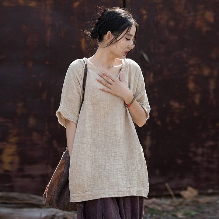 UZ Wholesale Store - Wholesale Tunic - Women's - Solid Color Double-Layer Bamboo Joint Literary All-Match T-Shirt