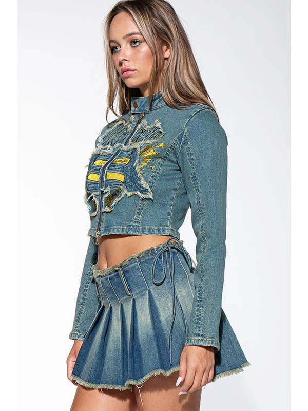 Medium tvätt Vintage jeansjacka med dragkedja med mockhals för wholesale på Faire