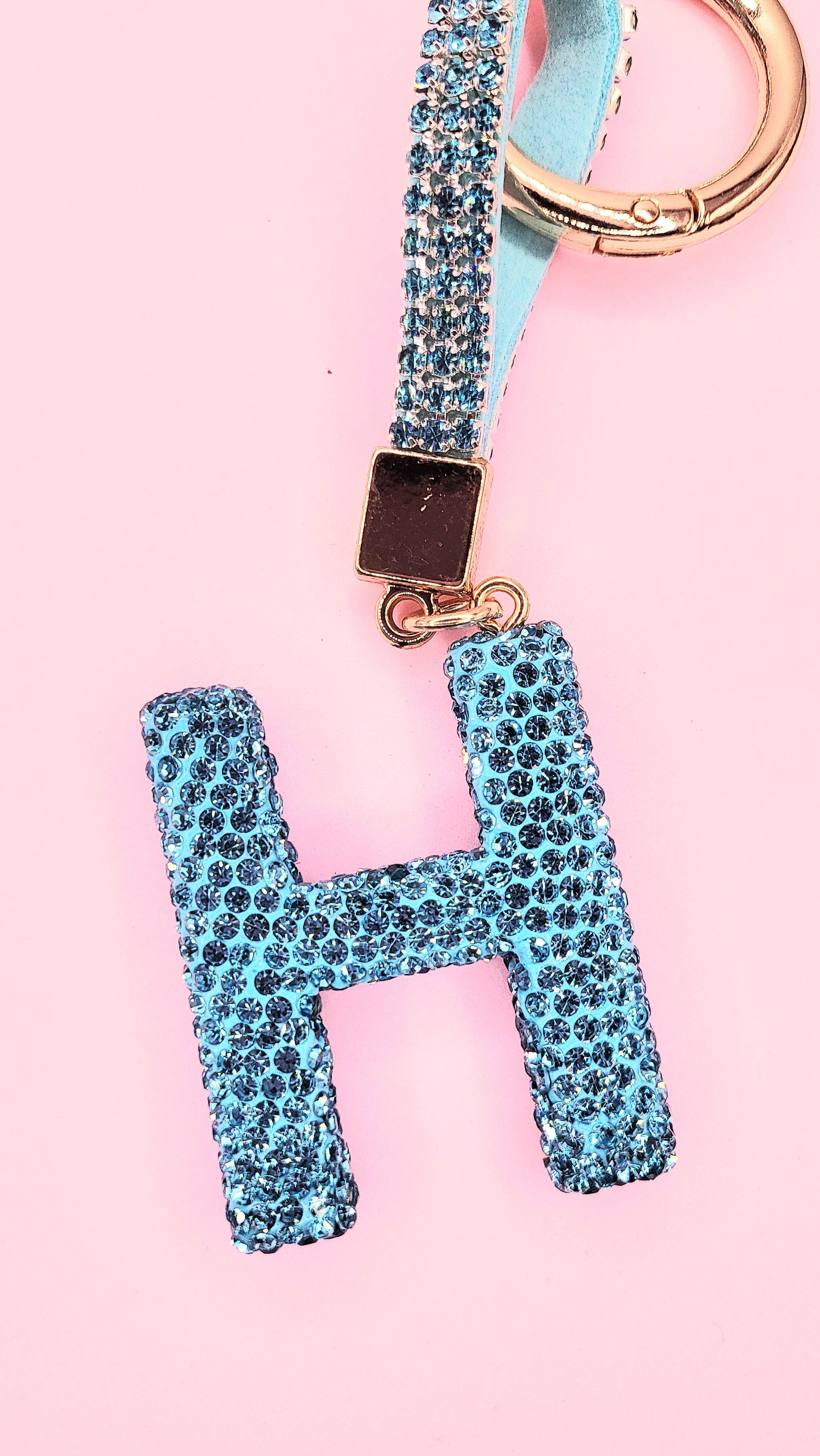 Silver Initial Letter Blue Crystal Key Ring & Bag Charm for wholesale on Faire7