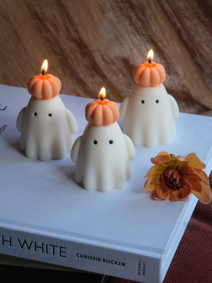 Ghost Candle with Pumpkin Hat for wholesale by Interlude Candles