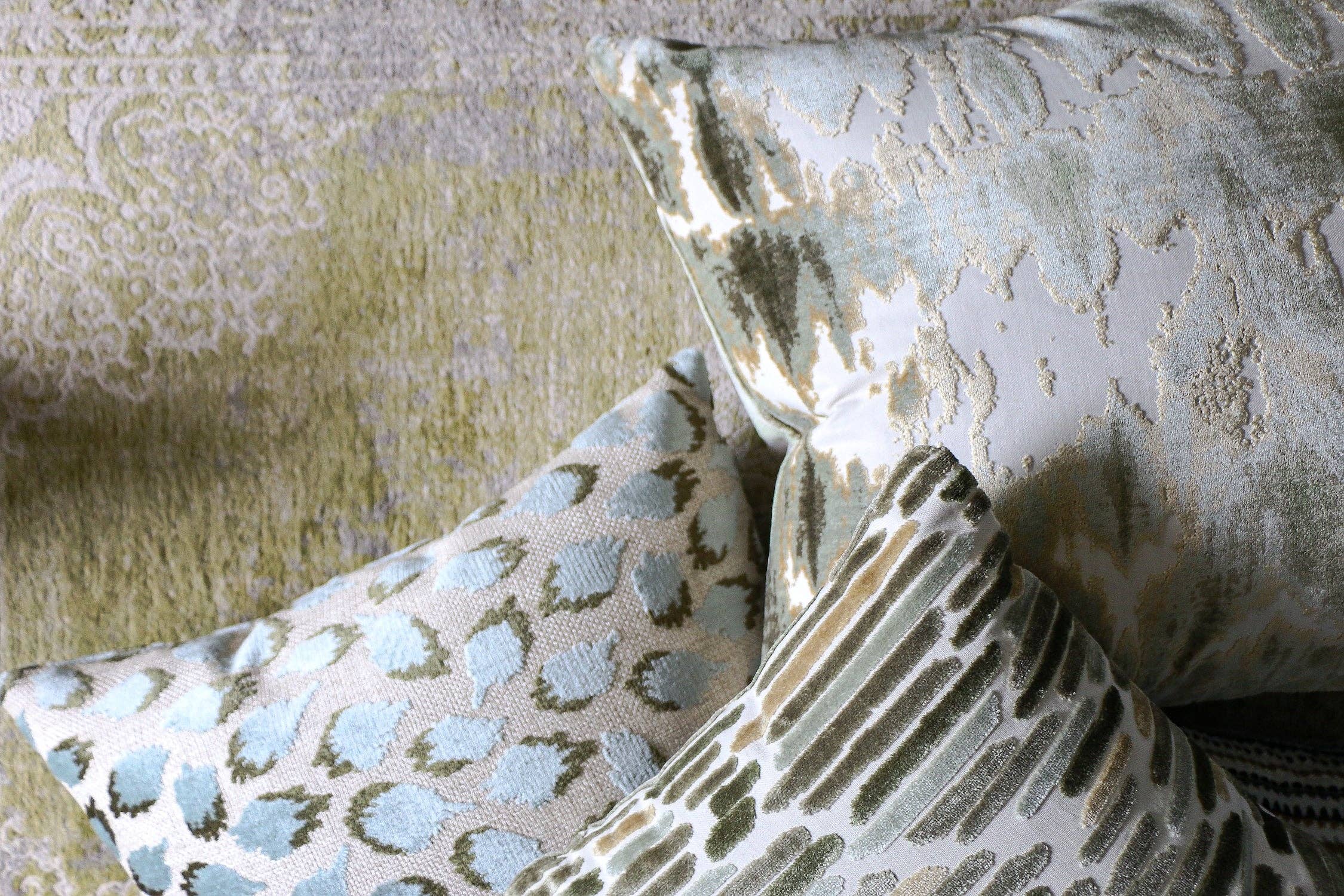 Lottie Mineral -Aqua & Green Spotted Cut Velvet Throw Pillow for wholesale on Faire8