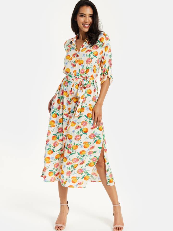 Multi coloured Liquorish Fruit Print Button Through Shirt Dress for wholesale on Faire3