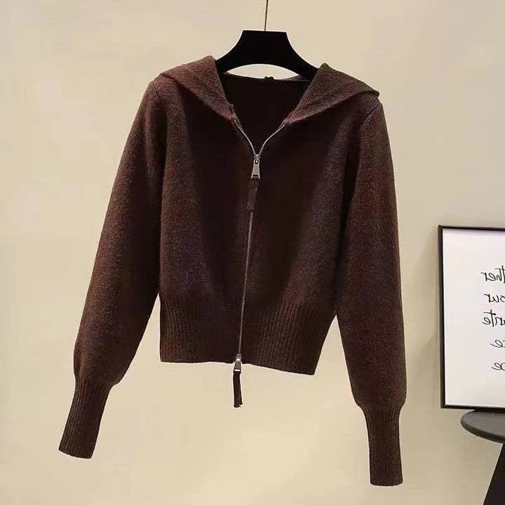 UZ Wholesale Store - Wholesale Hoodie - Women's - Solid Color Short Hoodie With Double Zippers-Knit Sweater2