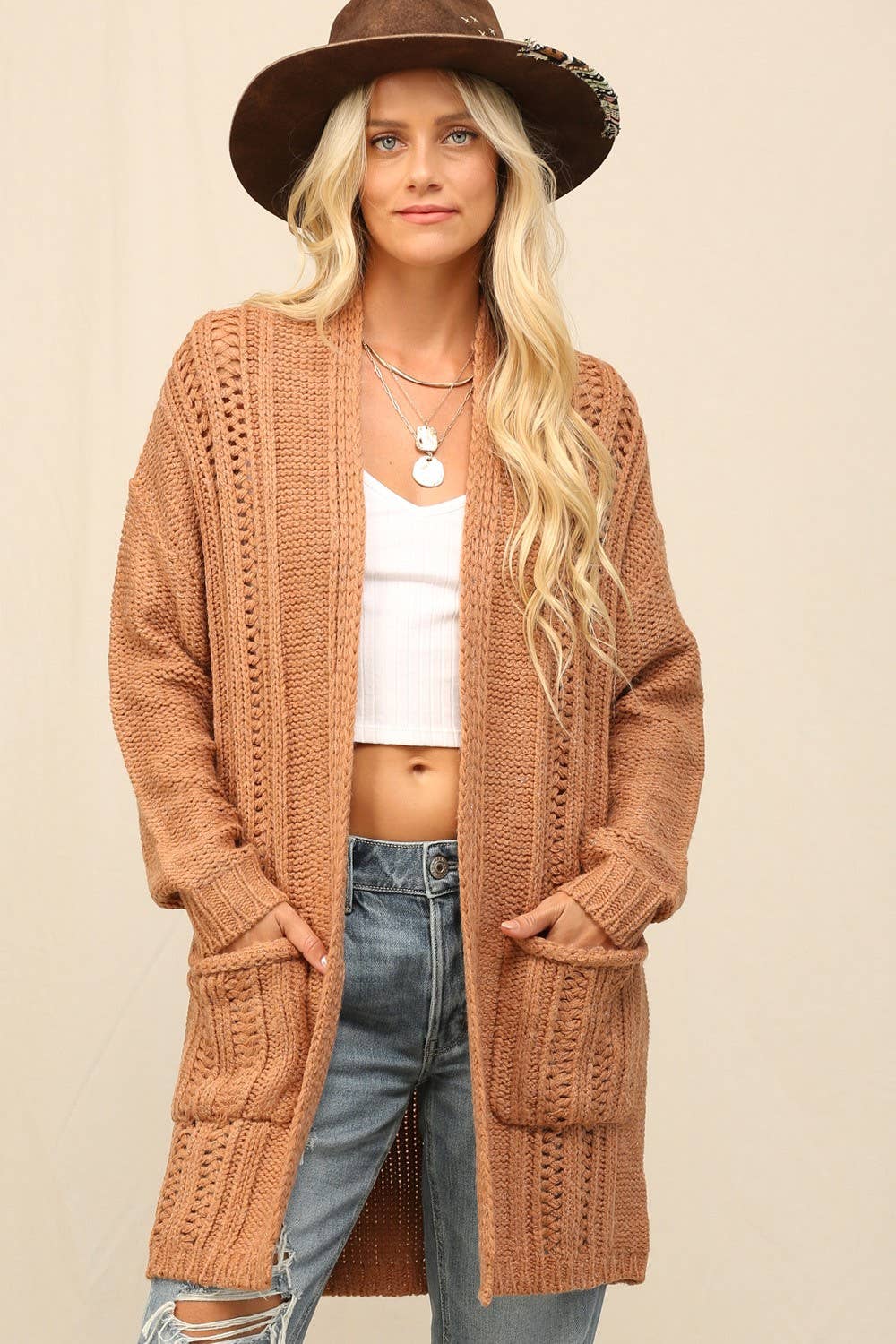 KyeMi - Vente Cardigan – femme - Long cardigan en maille douce avec poche latérale2