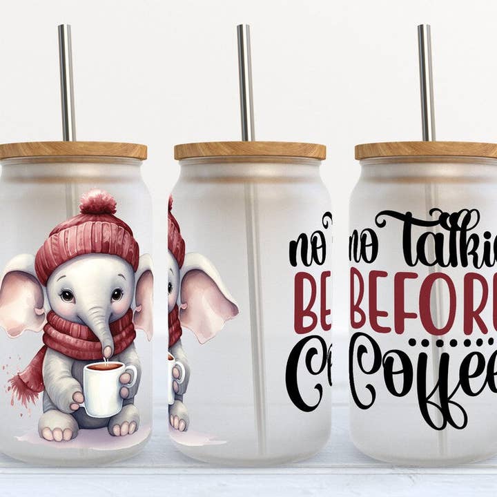 No Talkie Before Coffee 16oz Libbey Glass Frosted Tumbler for wholesale by Kate Haven Glass Tumblers for Every Occasion