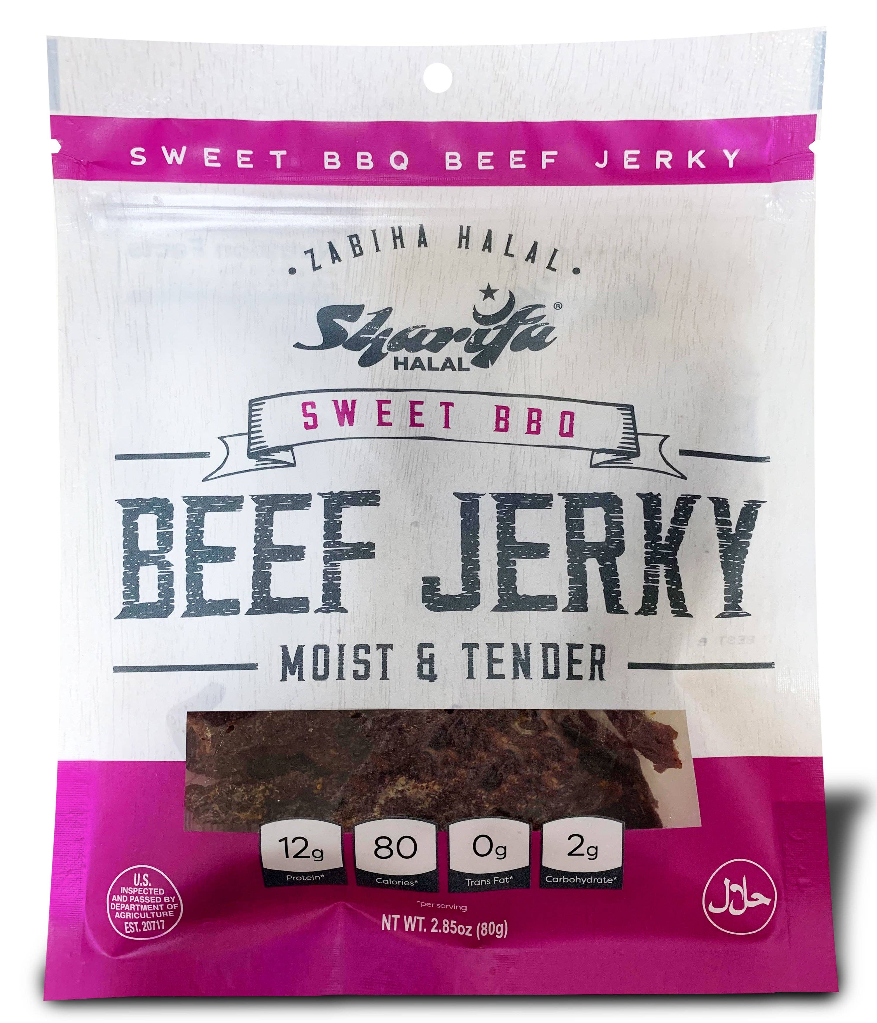 Sharifa Halal Snacks - Wholesale Jerky - Sharifa Halal Beef Jerky, Sweet BBQ, 2.85 oz. per bag