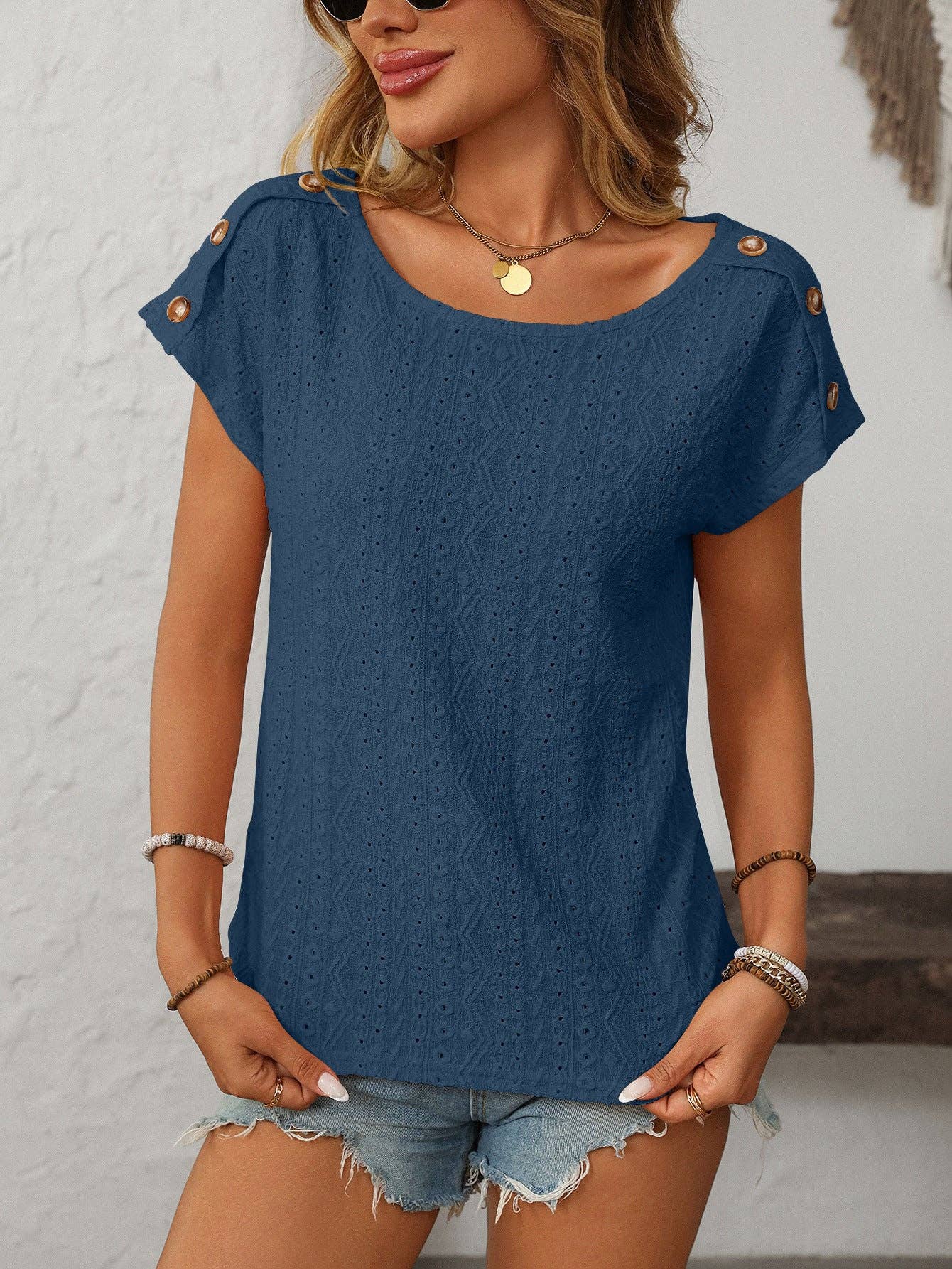 Lovesoft - Wholesale Blouse - Women's - Solid Crewneck Button Short-sleeved Cut-out Top15