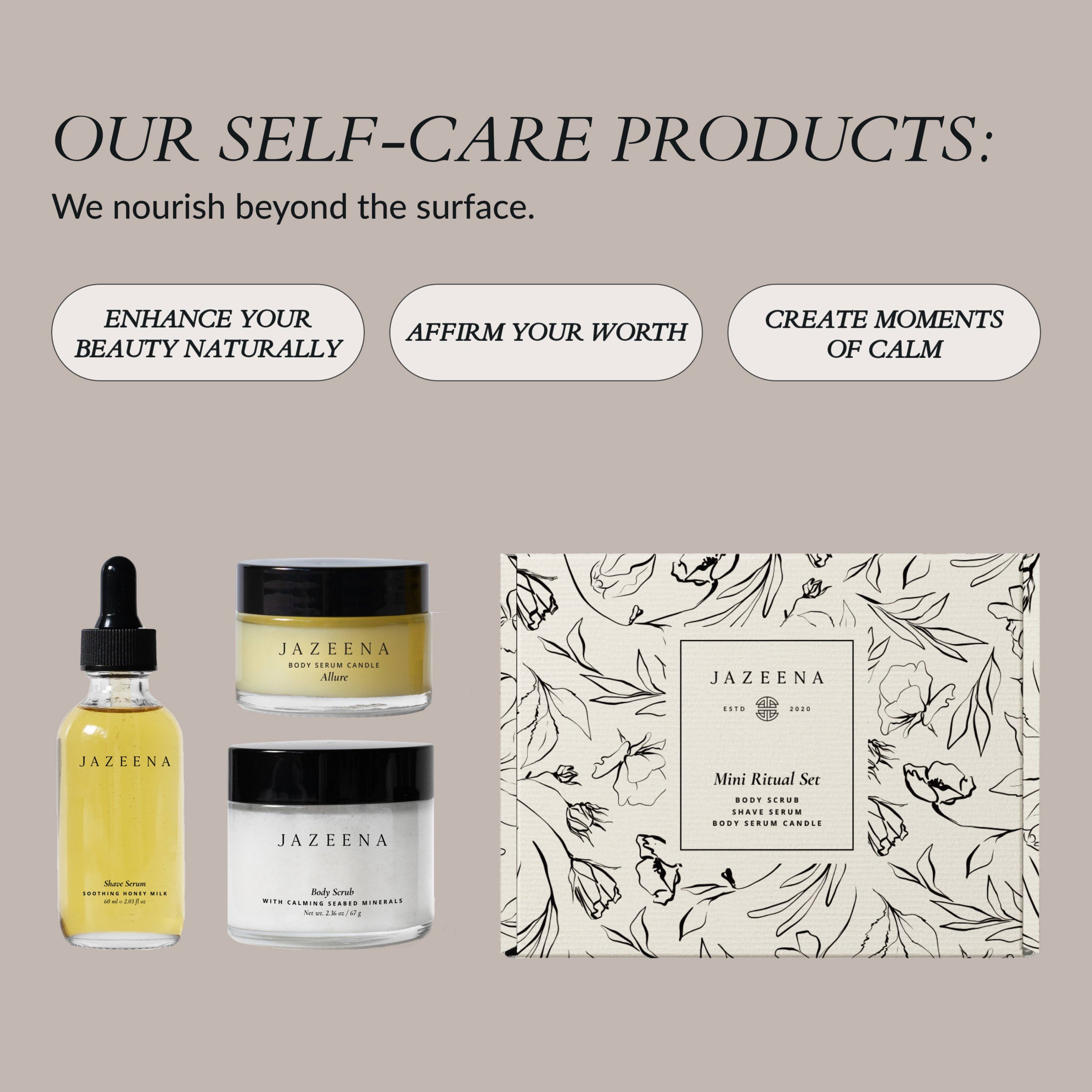 Jazeena - Wholesale Bath & Body Set - 3-pc Self-Care Mini Ritual Set | Scrub, Shave, Candle7