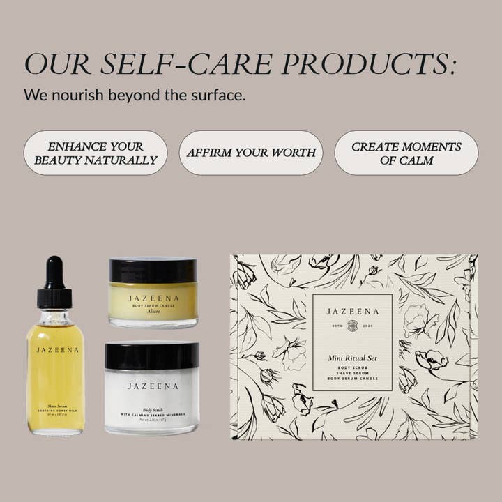 Jazeena - Wholesale Bath & Body Set - 3-pc Self-Care Mini Ritual Set | Scrub, Shave, Candle7
