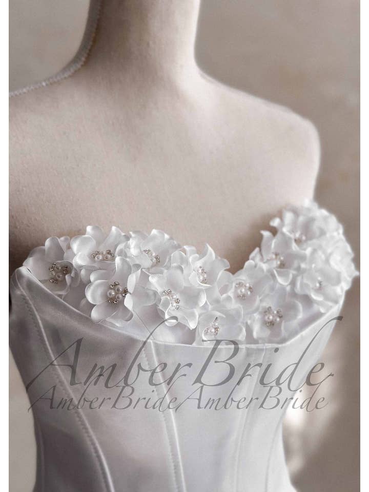 Amber Commerce Group, MB - Wholesale Gown - Women's - Strapless Satin A-Line Wedding Dress with 3D Floral Bust and Corset Back4