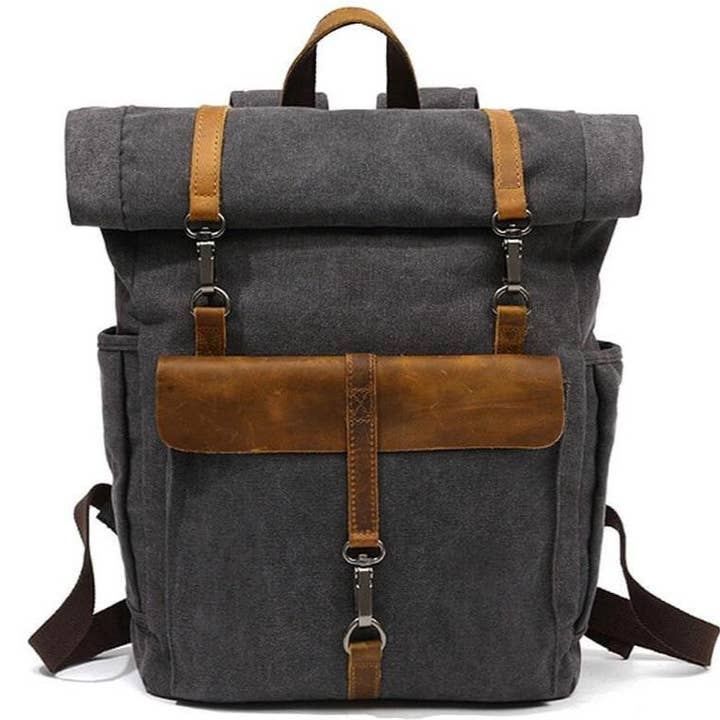 Roll-top canvas backpack with leather "Nomad" for wholesale by Bomence