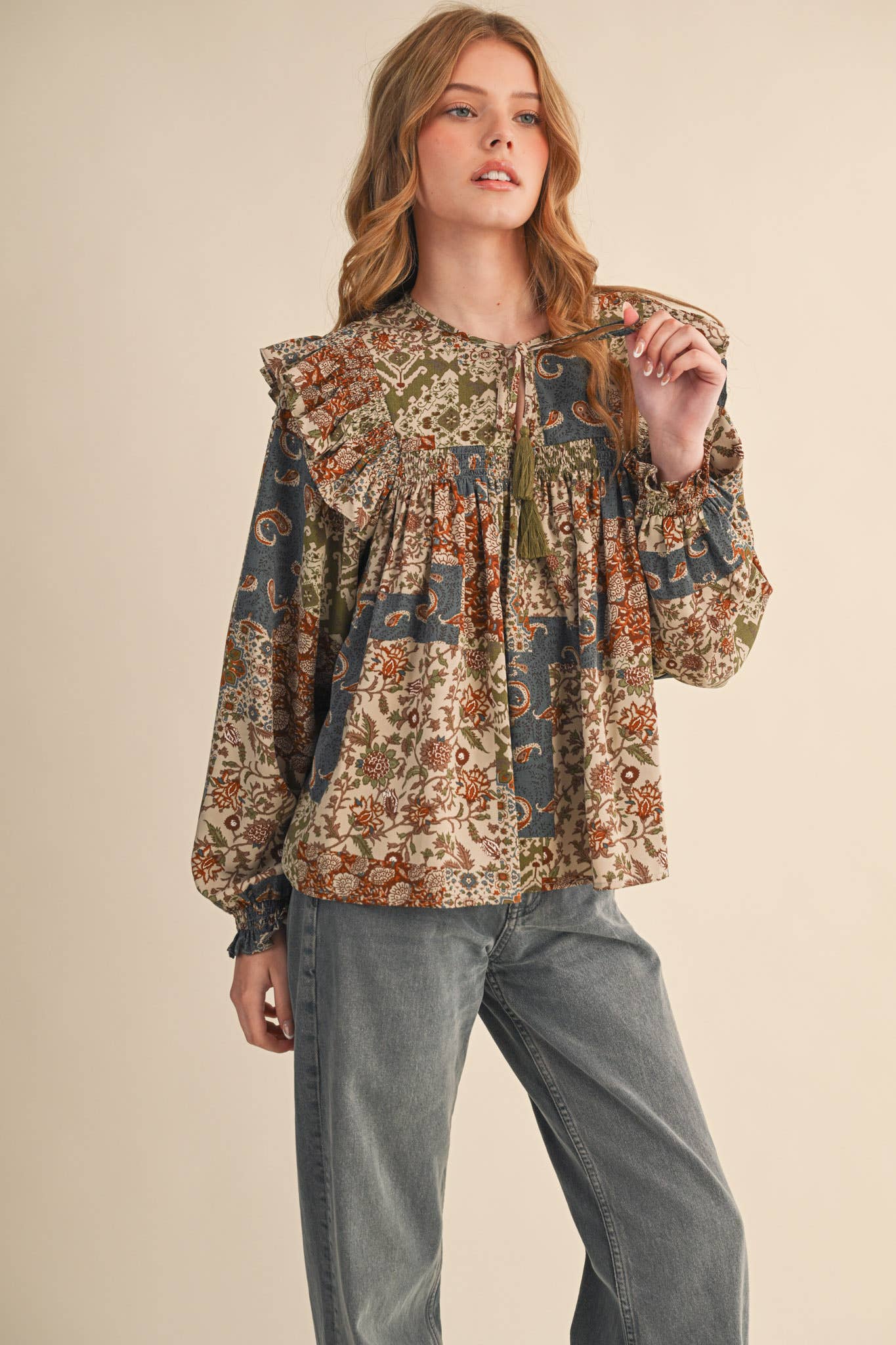 &MERCI - Wholesale Blouse - Women's - PATCHWORK PRINT SMOCKED RUFFLE BLOUSE MTP435024