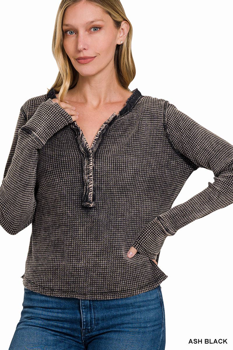 Apolline - Wholesale Knit Top - Women's - Washed Baby Waffle Henley Long Sleeve Top - Back Patch0