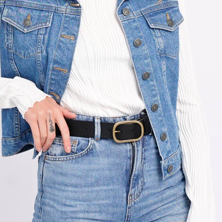 Amsterdam Heritage Leather Belts, Bags, Jackets & Apparel - Wholesale Belt - Women's - Marin | Gold Oval Buckle Design Statement Leather Belt Women
