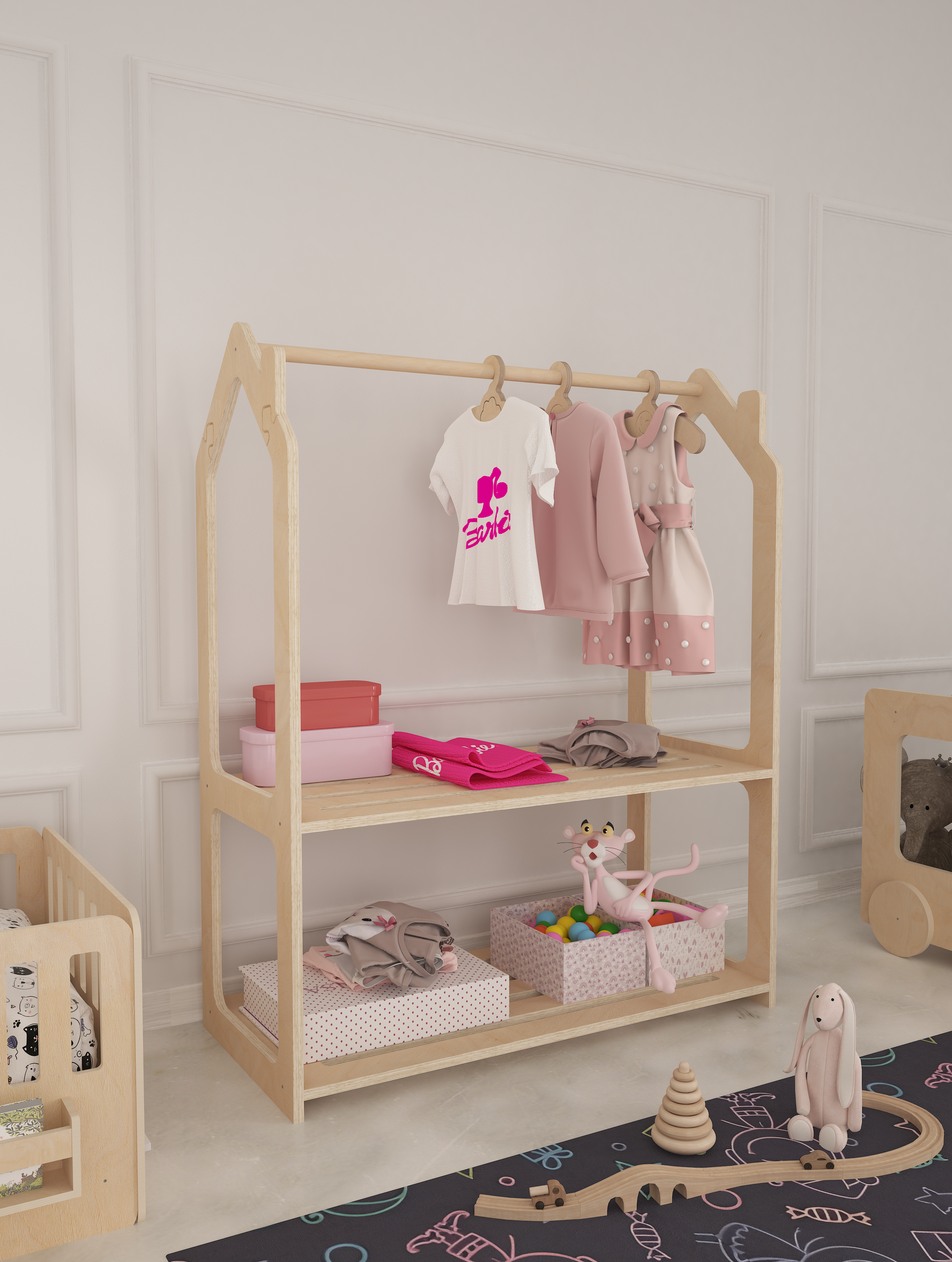 Rotermond Furniture LLC - Wholesale Clothes Hangers - Roof Montessori Kids Wardrobe - Natural Wood Clothing Rack Organizer 3-Piece Set for Child's Room, Playroom, Nursery – Durable Baby Clothes Storage Furniture3