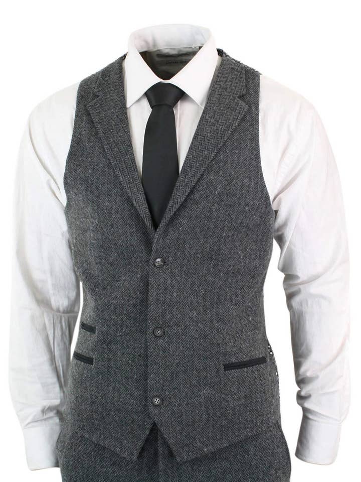 Men's 3 Piece Charcoal Grey Herringbone Tweed Suit for wholesale on Faire