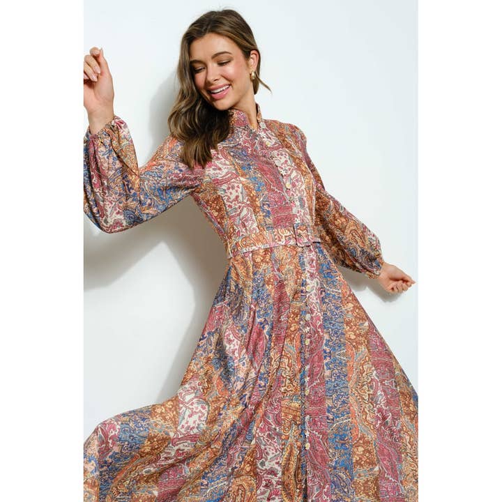 BROWN MULTI Long Sleeves Paisley Print Belted-Waist Midi Dress for wholesale on Faire