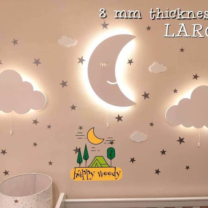 Set van 3 wandlampen voor kinderkamers/ 1 maan + 2 wolken voor wholesale door Happy Woody