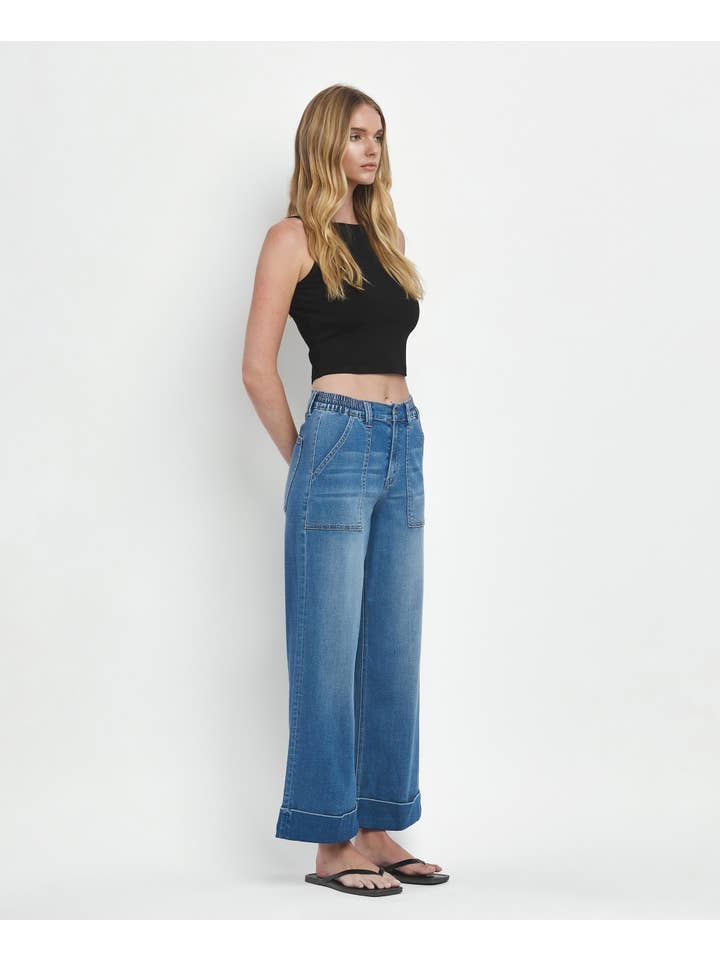 ENVIABLY HIGH RISE DOUBLE CUFFED BAGGY WIDE JEANS V3589 for wholesale on Faire