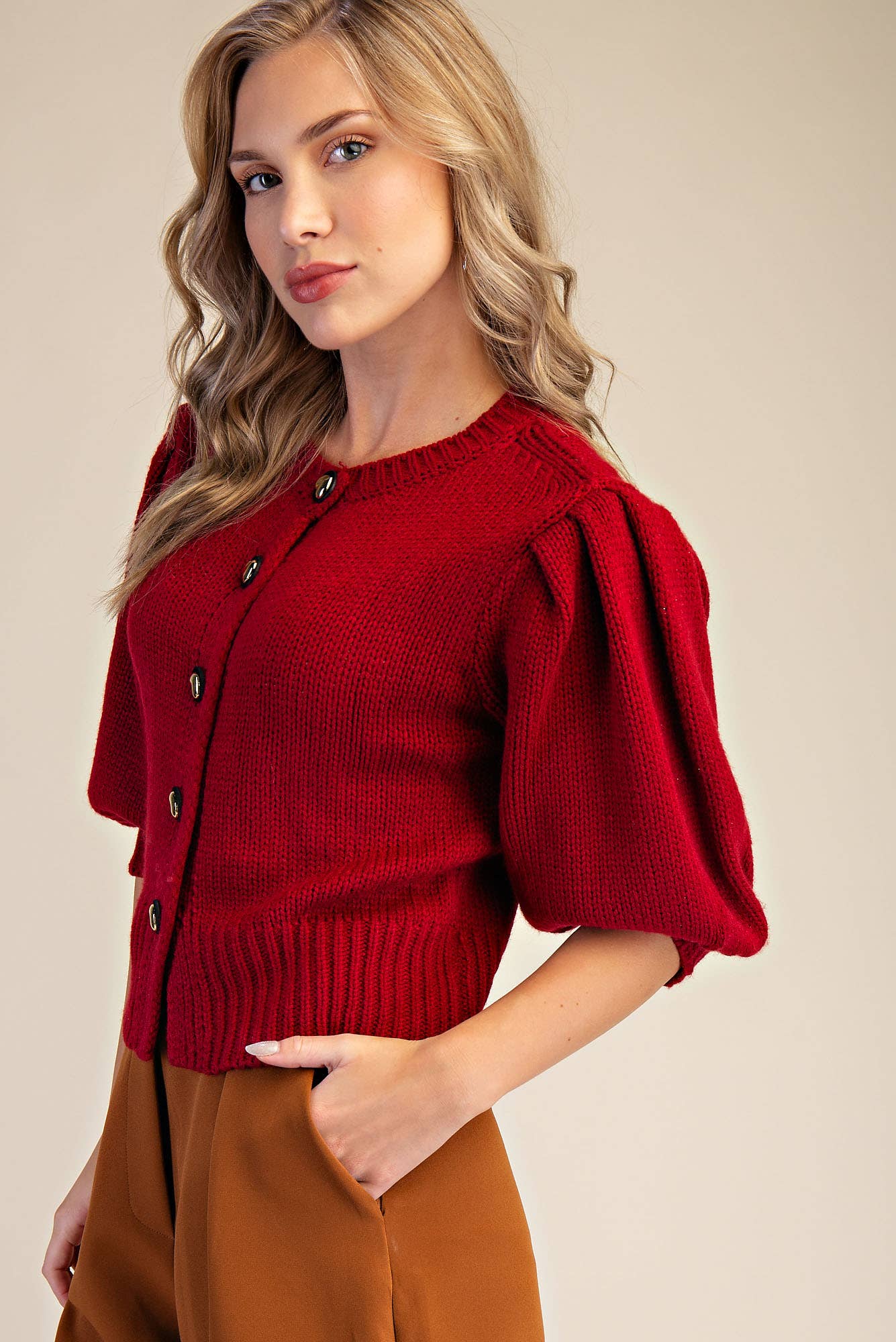 Glam - Wholesale Knit Sweater - Women's - Short Puff Sleeve Button Down Sweater8