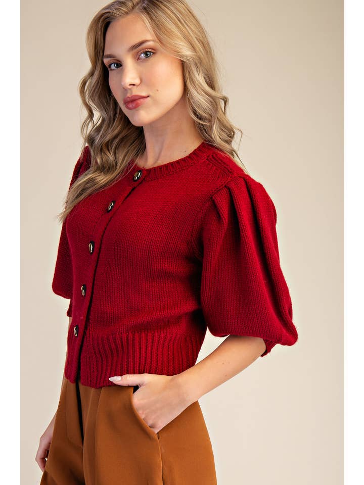 Glam - Wholesale Knit Sweater - Women's - Short Puff Sleeve Button Down Sweater8
