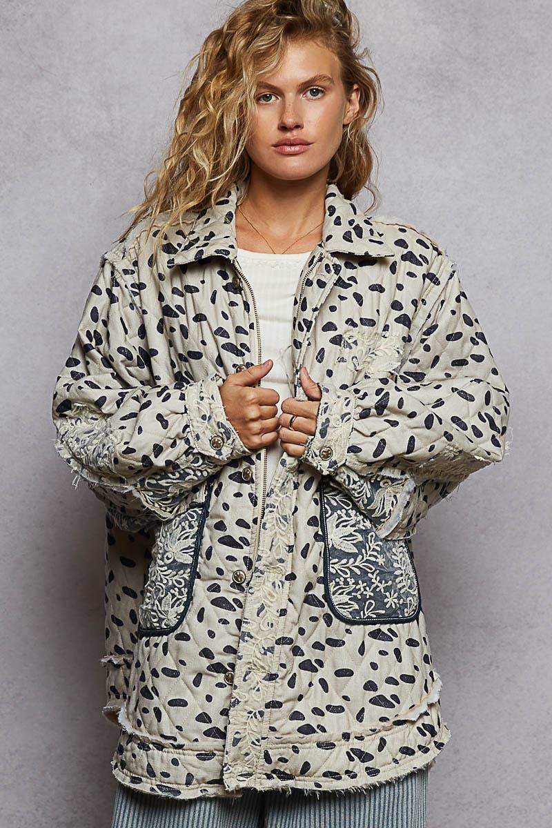 OATMEAL MULTI Long sleeve elbow patch overlaid lace quilted woven jacket for wholesale on Faire1