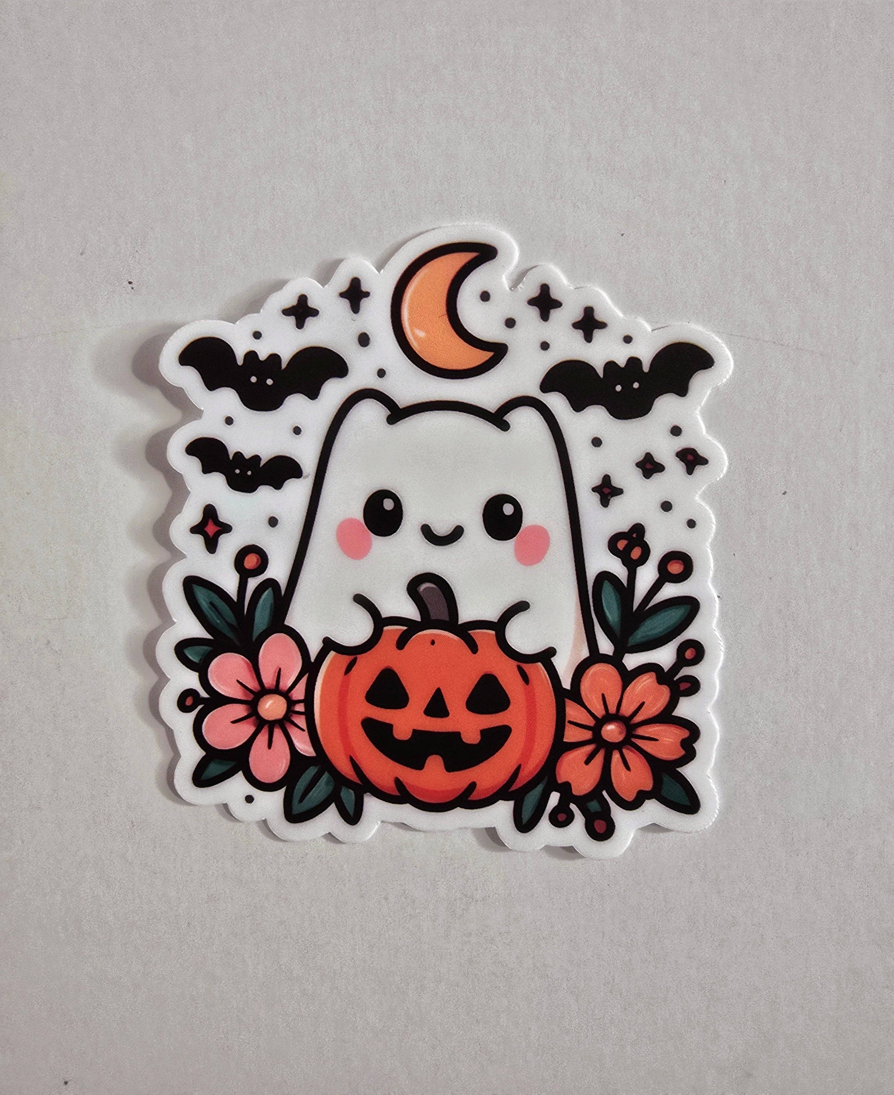 Designs by Mysh - Wholesale Sticker - Cute Halloween Ghost Sticker – Vinyl Die Cut Ghost with Pumpkin, Flowers & Bats (3”)