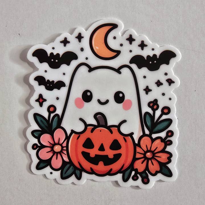 Designs by Mysh - Wholesale Sticker - Cute Halloween Ghost Sticker – Vinyl Die Cut Ghost with Pumpkin, Flowers & Bats (3”)0