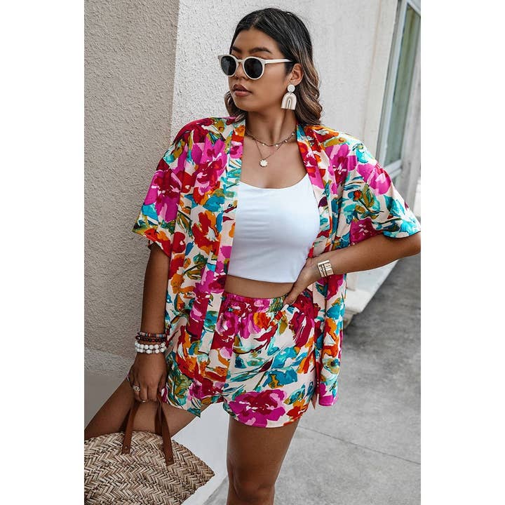 Elings - Wholesale Top & Short Set (NOT Loungewear) - Women's - Plus Size Floral Print Open Front Shorts Sets