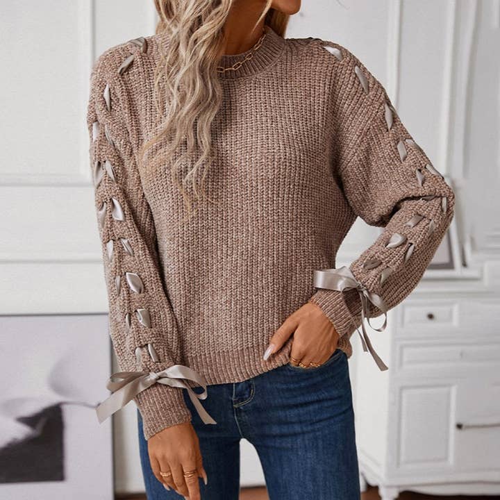 Rosa Clothing - Wholesale Knit Sweater - Women's - Sweet Bow Ribbon Sleeve Pullover Sweater