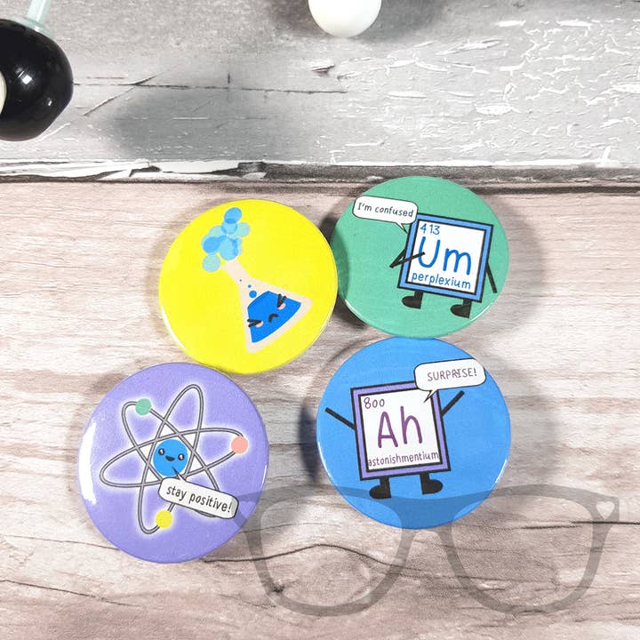 Science 38mm badge set for wholesale by Mini Geek Boutique