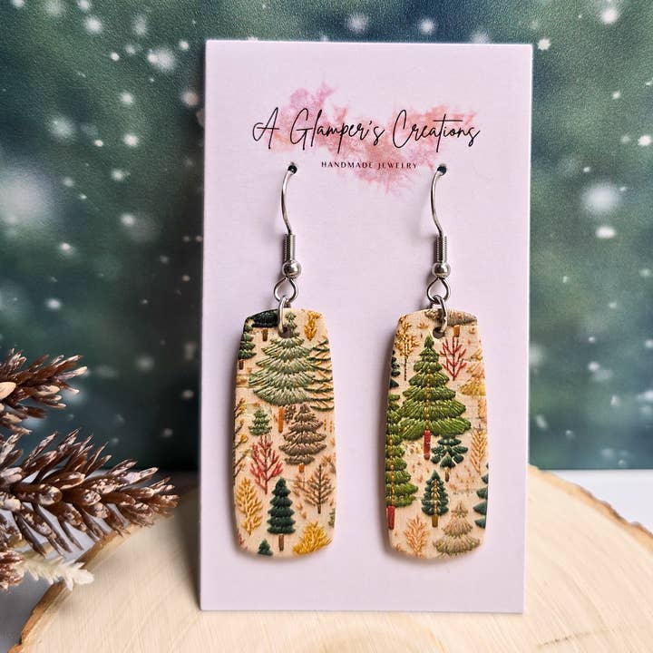 A Glamper's Creations LLC - Wholesale Dangle Earrings - Green Christmas Trees Mini Bar Leather Earrings