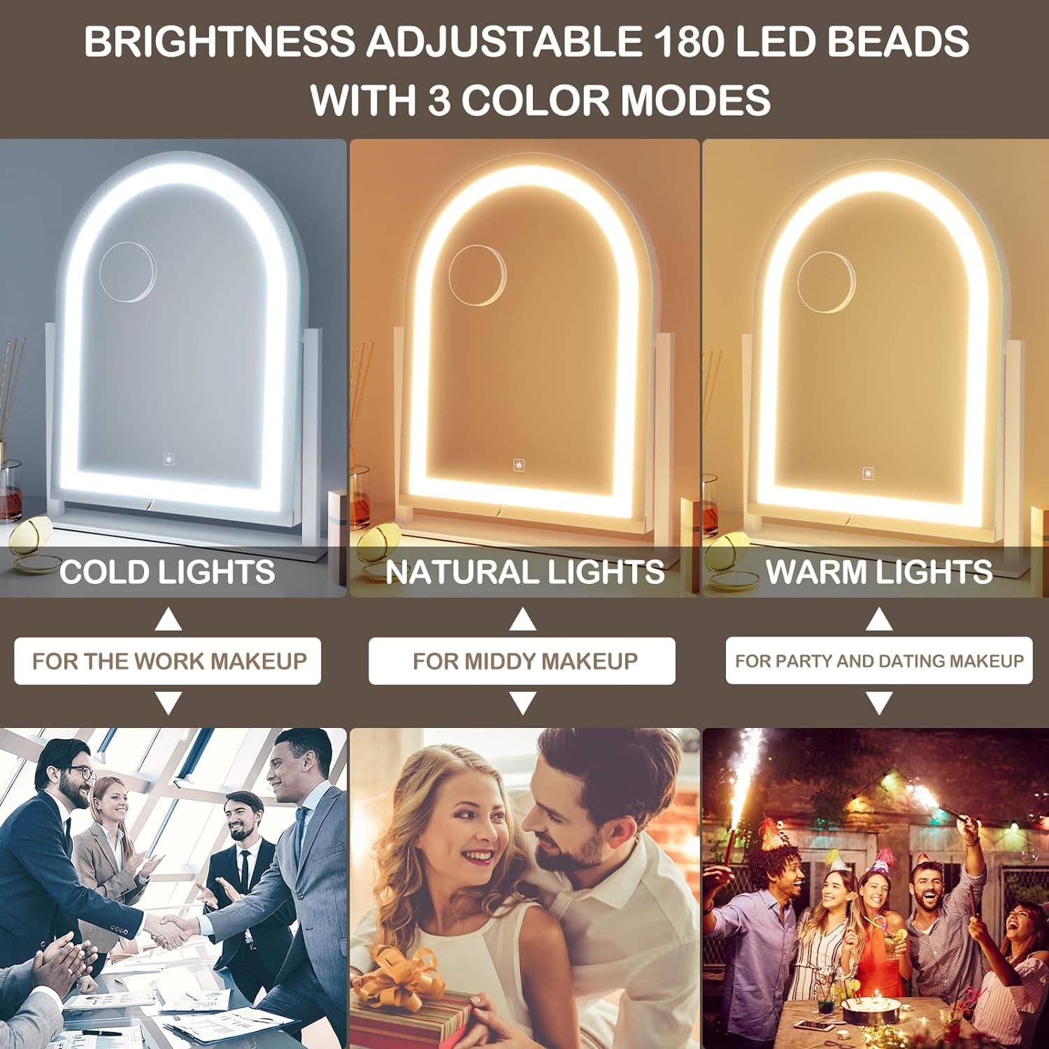 Gold Lighted Makeup Mirror With LED Three Color Lighting Modes for wholesale on Faire1