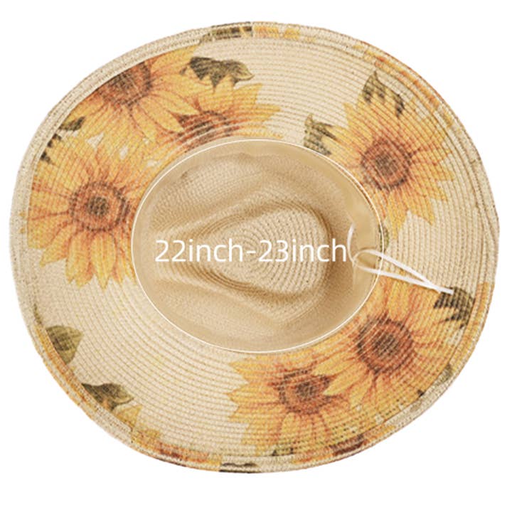 Tan Sunflower Print Wired Taco Brim Paper Straw Cowboy Hat for wholesale on Faire