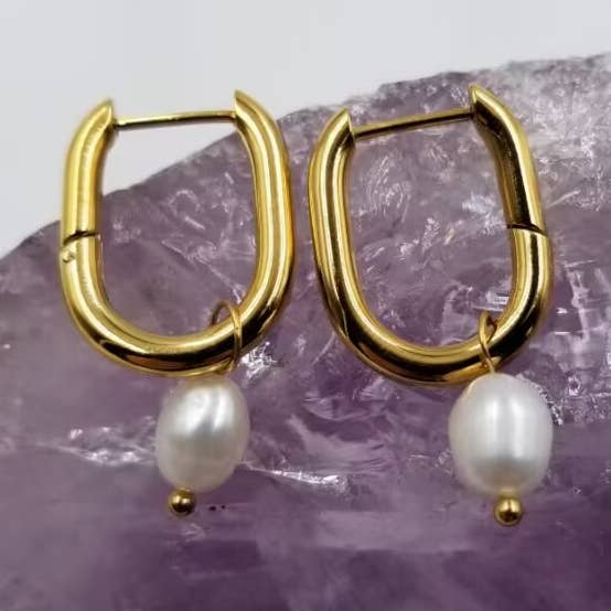 18K Gold Plated Oval with Freshwater Pearl Earrings for wholesale by magnolia jewelry