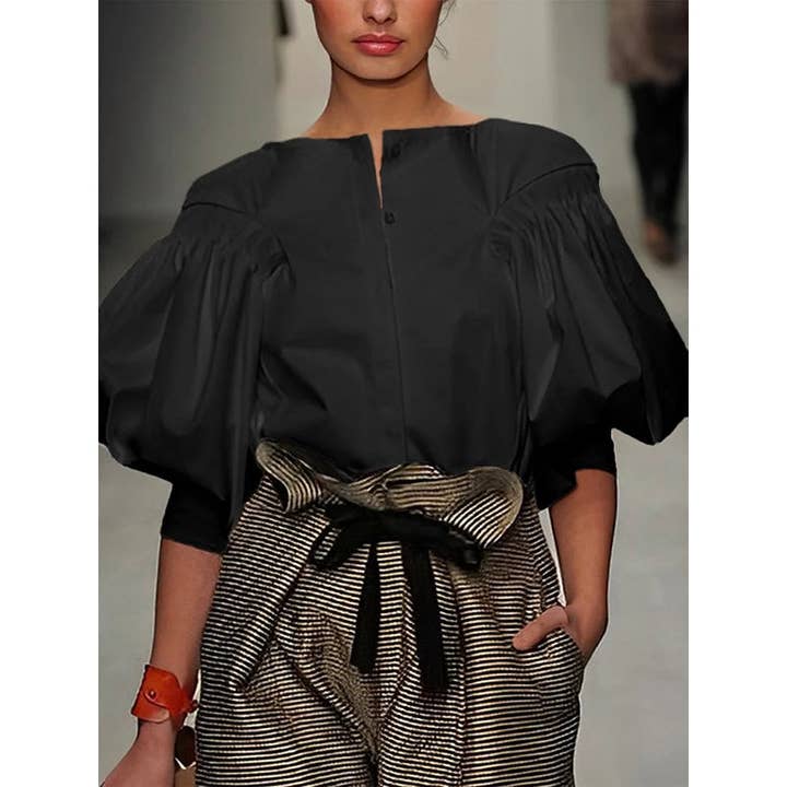 Sheer Trend - Wholesale Blouse - Women's - Puff Sleeves Buttoned Solid Color Blouses&Shirts Tops