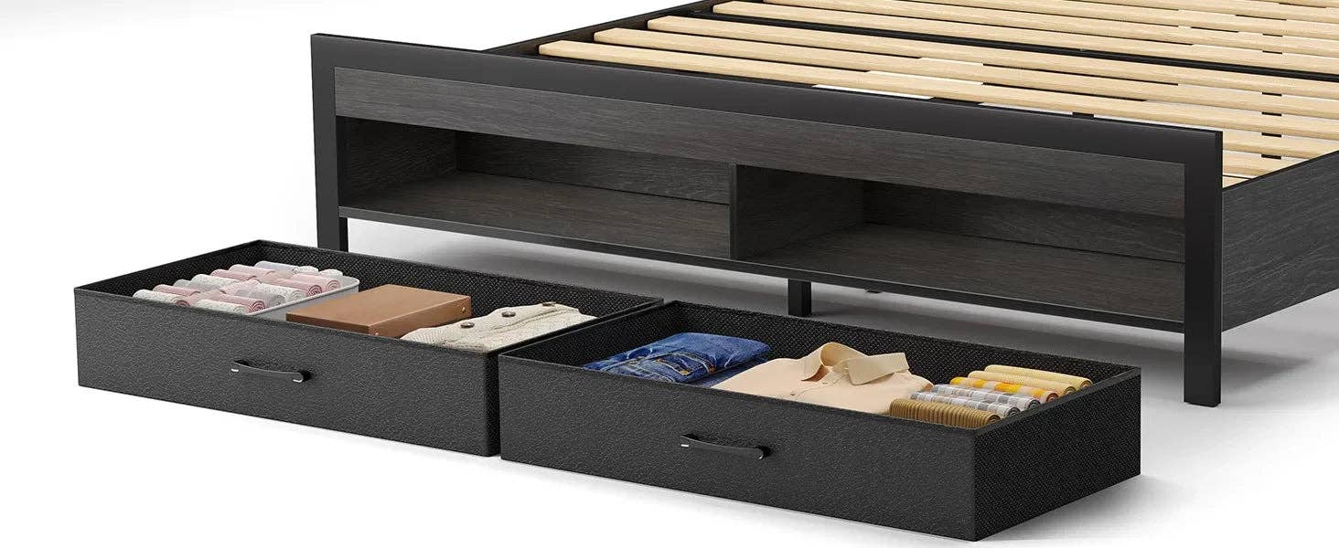 American Smart - Wholesale Bed - Bed Frame with Storage Headboard & 2 Drawers,Upholstered Platform Bed with Charging Station & LED Light,Heavy Duty Frame Support11