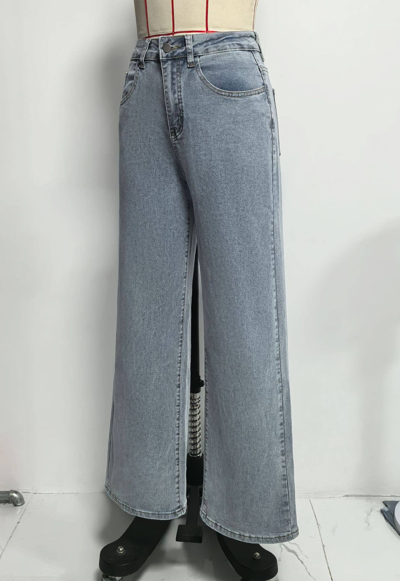 Blue Women High-Waisted Wide-Leg Jeans with Pink Bow Embroidery for wholesale on Faire0