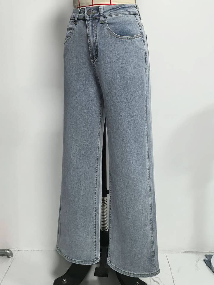 Blue Women High-Waisted Wide-Leg Jeans with Pink Bow Embroidery for wholesale on Faire