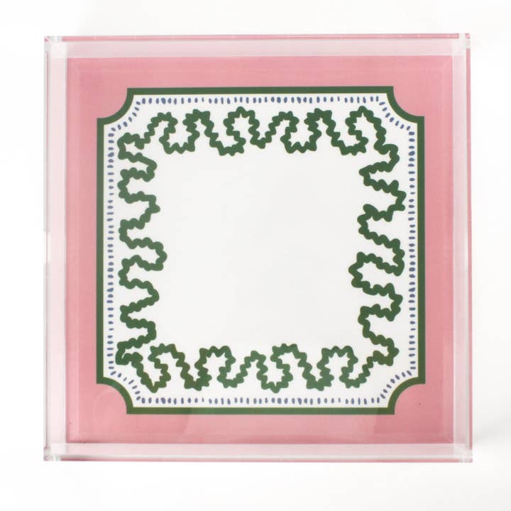 Harbor Trail Pink and Green with Blue Dash Square Acrylic Tray, 3 Sizes for wholesale by Madcap Cottage