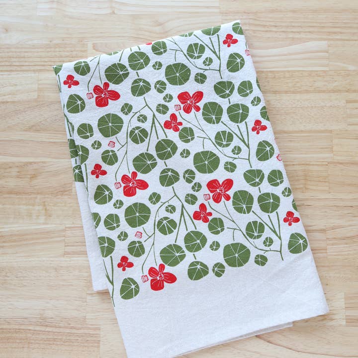 *NEW Christmas Nasturtium Floral Kitchen Towel, Handprinted for wholesale by The High Fiber