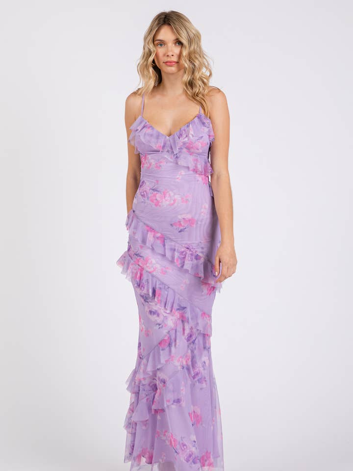 VID51663 - MESH FLORAL PRINT RUFFLED MAXI DRESS for wholesale by The vintage shop
