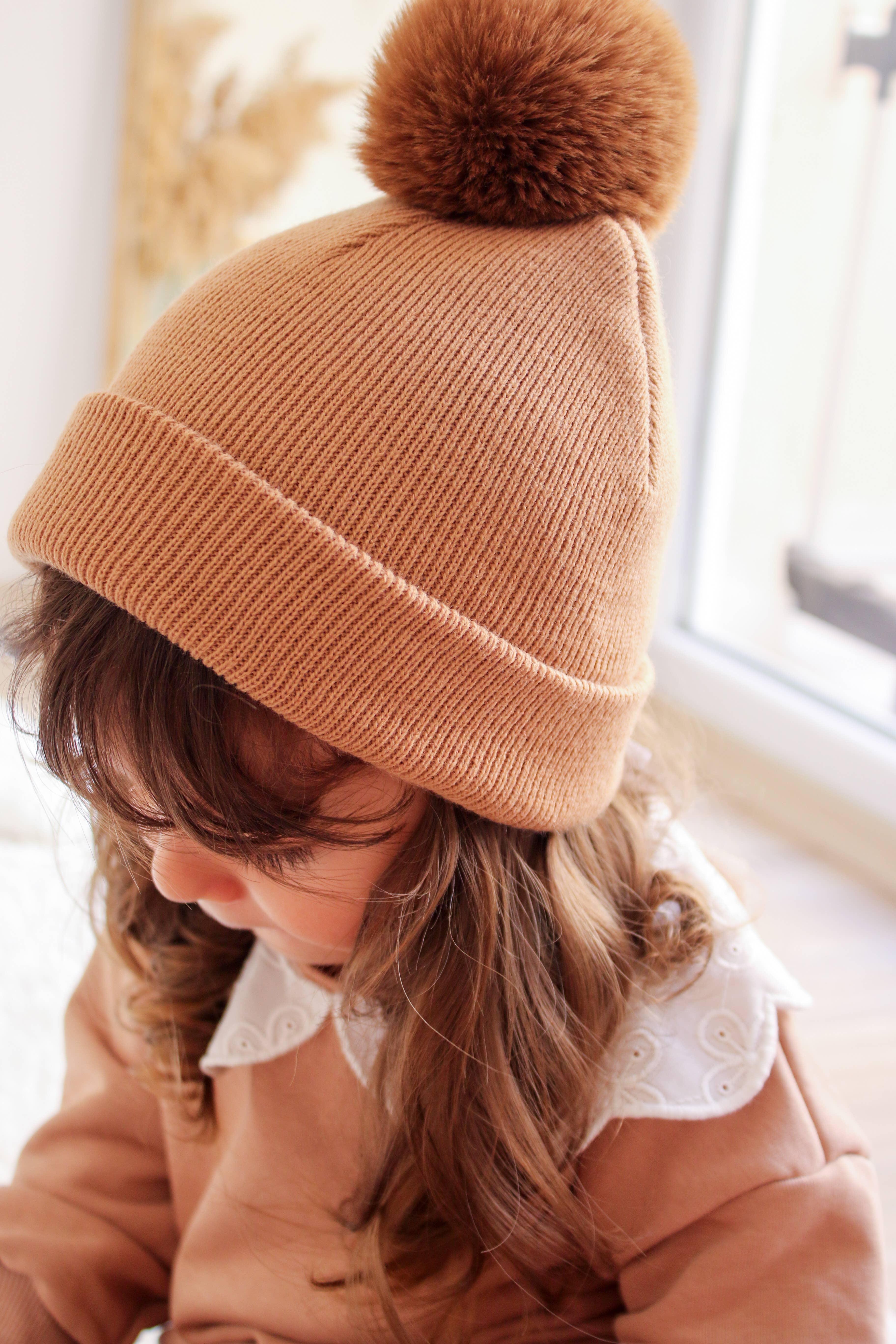 Single Pom Pom Baby/Kid's Brown Beanie Hat 0-8 Years for wholesale on Faire14