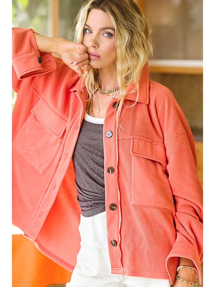 La Miel - Wholesale Shirt Jacket/Shacket - Women's - HAJ1726-Loose Fit Button Down Long Sleeve Fleece Shacket