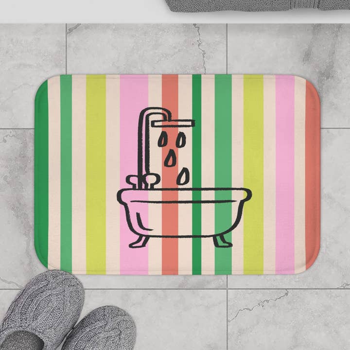Tapis de bain pastel rayé avec icône de baignoire — Tapis de salle de bain mignon pour la vente par MARA Style