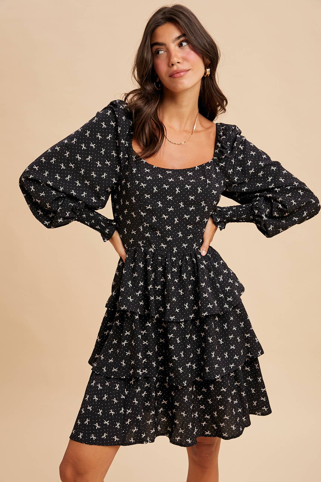 BLACK LONG SLEEVE TIERED MINI DRESS for wholesale on Faire2