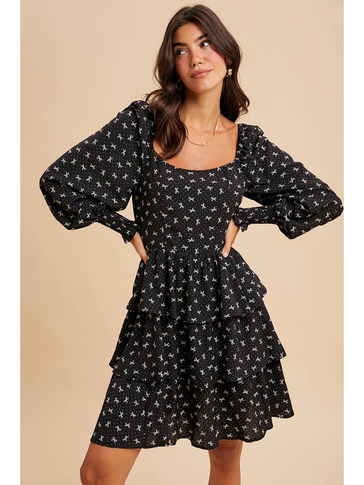 BLACK LONG SLEEVE TIERED MINI DRESS for wholesale on Faire2