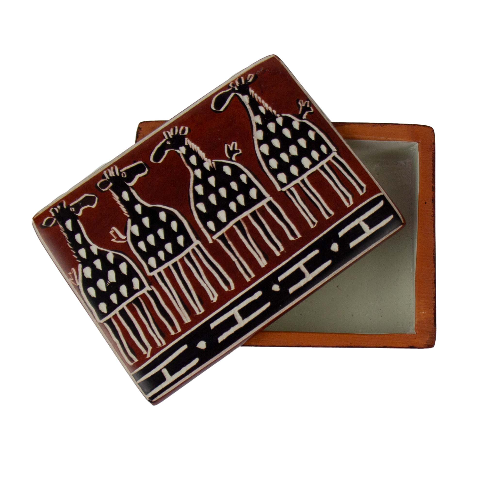 Global Crafts - Wholesale Decorative Box - Soapstone Carved Box, Brown Mudcloth Giraffes2