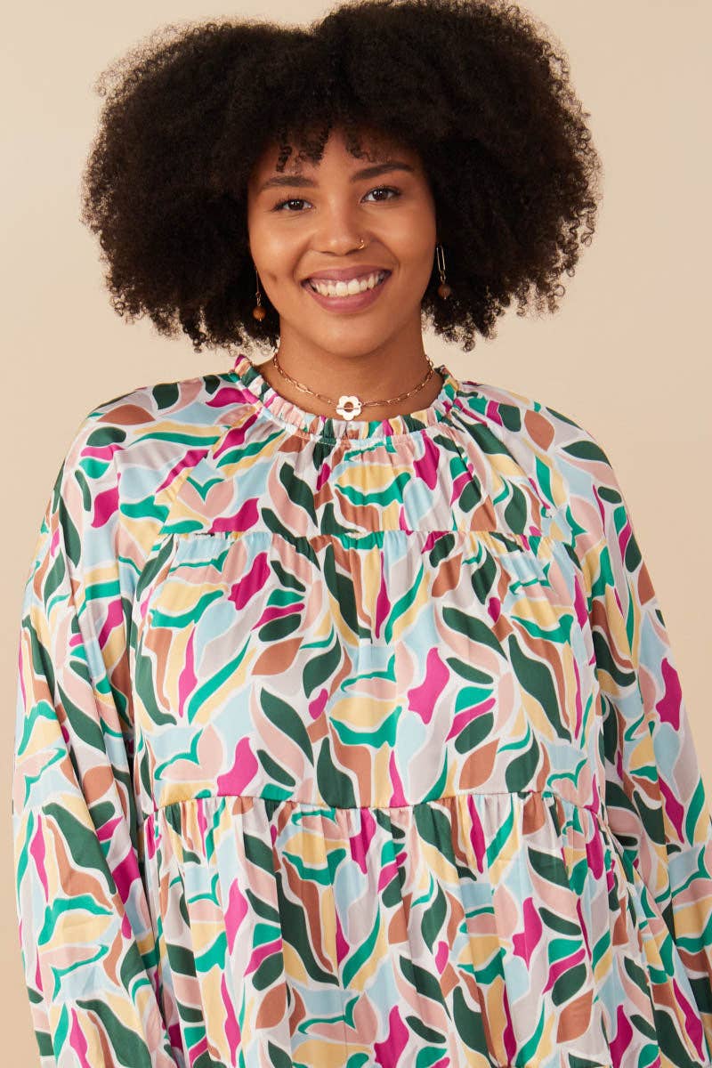 Magenta Mix Womens Abstract Floral Tiered Ruffle Neck Satin Dress for wholesale on Faire9