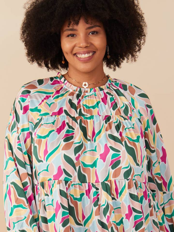 Magenta Mix Womens Abstract Floral Tiered Ruffle Neck Satin Dress for wholesale on Faire9